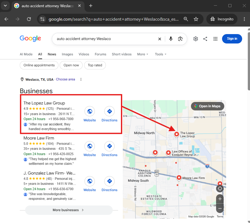 Search result for auto accident attorney Weslaco
