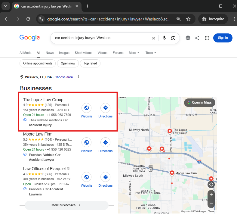 Search result for car accident injury lawyer Weslaco