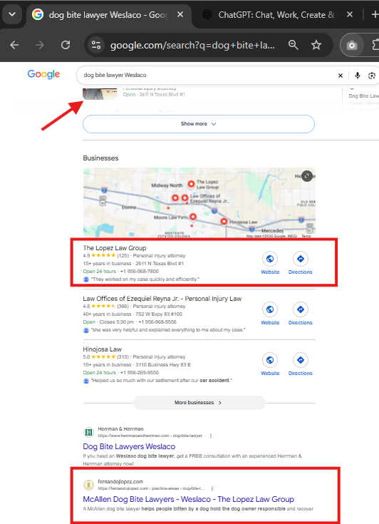 The Lopez Law Group shown in Google AI Overview for dog bite lawyer Weslaco