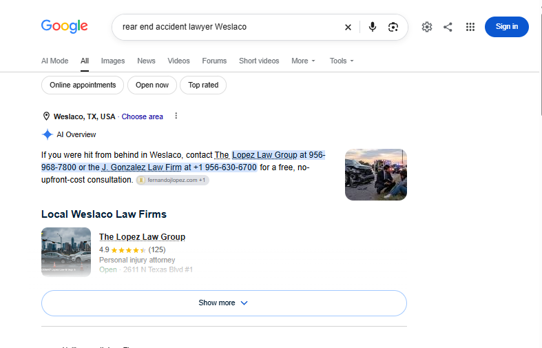 The Lopez Law Group shown in Google AI Overview for rear end accident lawyer Weslaco
