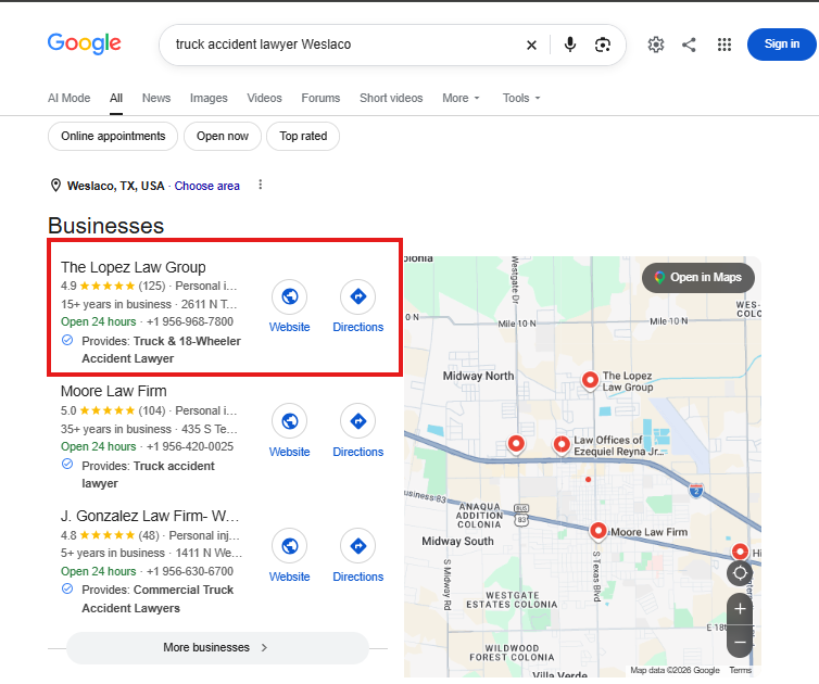 Search result for truck accident lawyer Weslaco