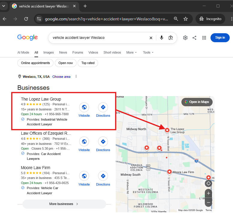 Search result for vehicle accident lawyer Weslaco