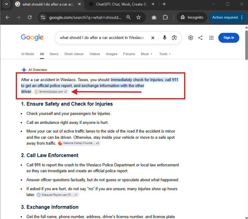 Search result for what should I do after a car accident in Weslaco