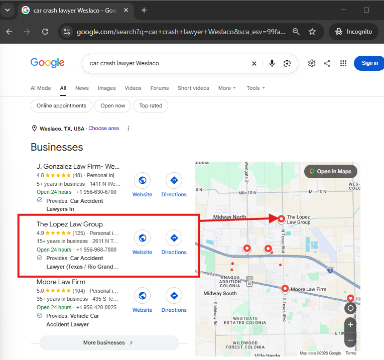 Search result for car crash lawyer Weslaco
