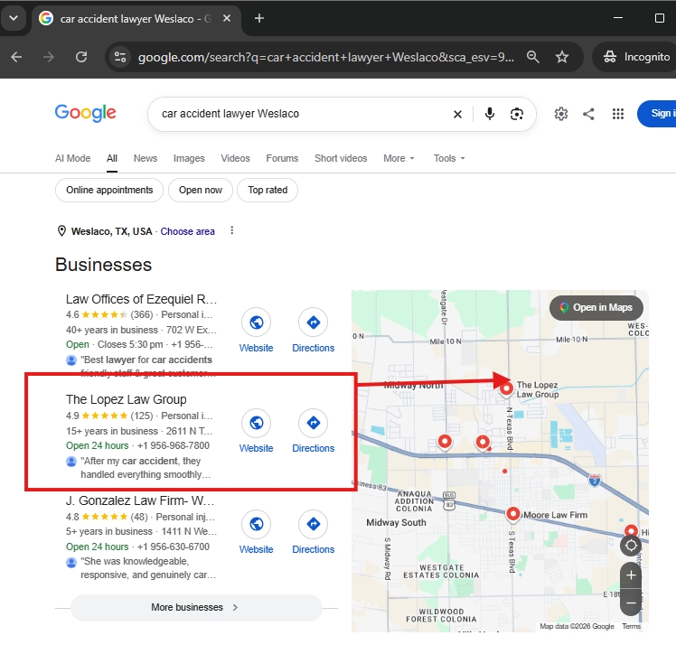 Search result for car accident lawyer Weslaco